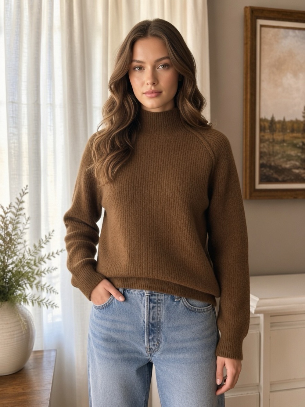 Banana Republic Tight Knit Wool Blend Chocolate Brown Ribbed Mock Neck Sweater